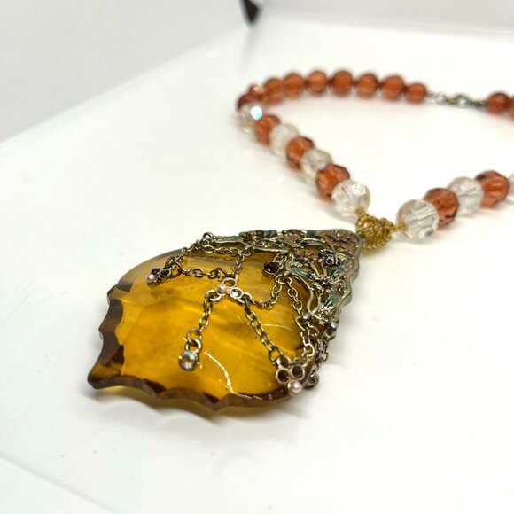 VINTAGE CZECH STYLE WHIMSYGOTH AMBER ACRYLIC FILIGREE NECKLACE FANTASY - Picture 8 of 16